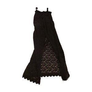 Black maxi Flocked Velvet Dress Spaghetti Strap High Slit Back Sheer Lined Sz L